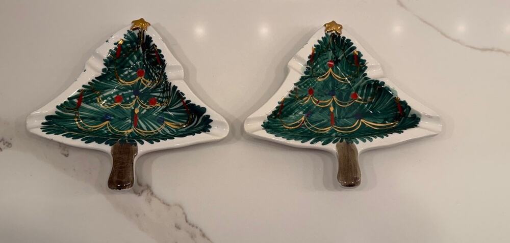 Vintage Italy Christmas Tree Dishes Pair Hand Painted Ceramic Gold Star 22/337